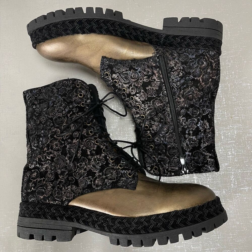 Eric Michael Women's Lace Up Combat Boots 10 - 10.5‎ Lug Sole Boho Floral Print